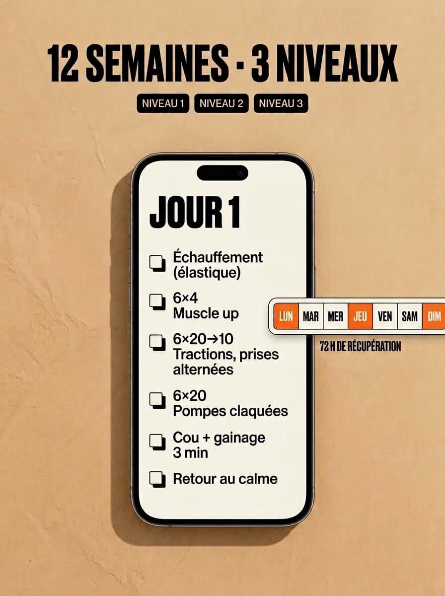 12 semaines, 3 niveaux : exemple de séance Jour 1 et 72 h de récupération entre les séances